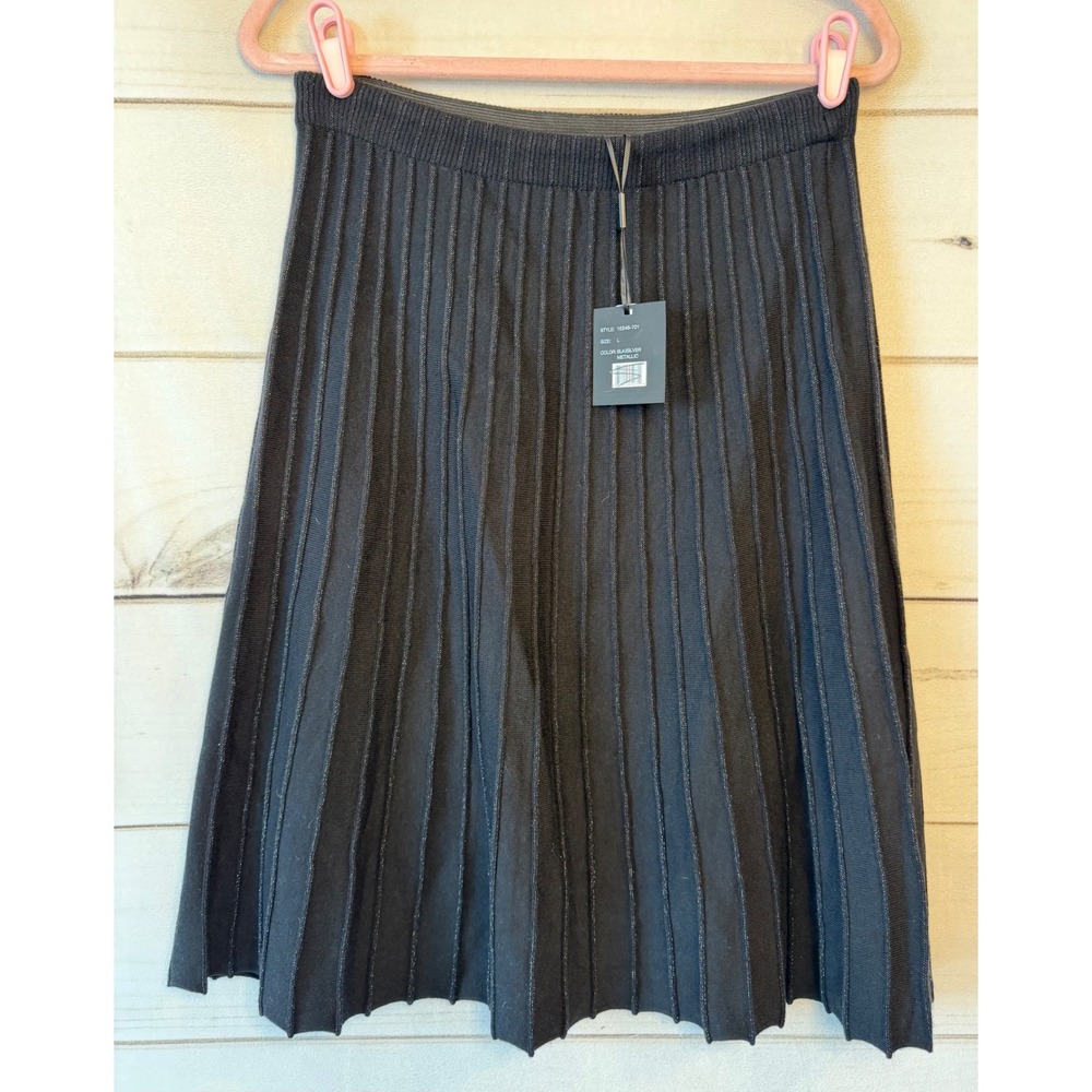 Milano Black Silver Metallic Pleated Knit Skirt Large 16246-701